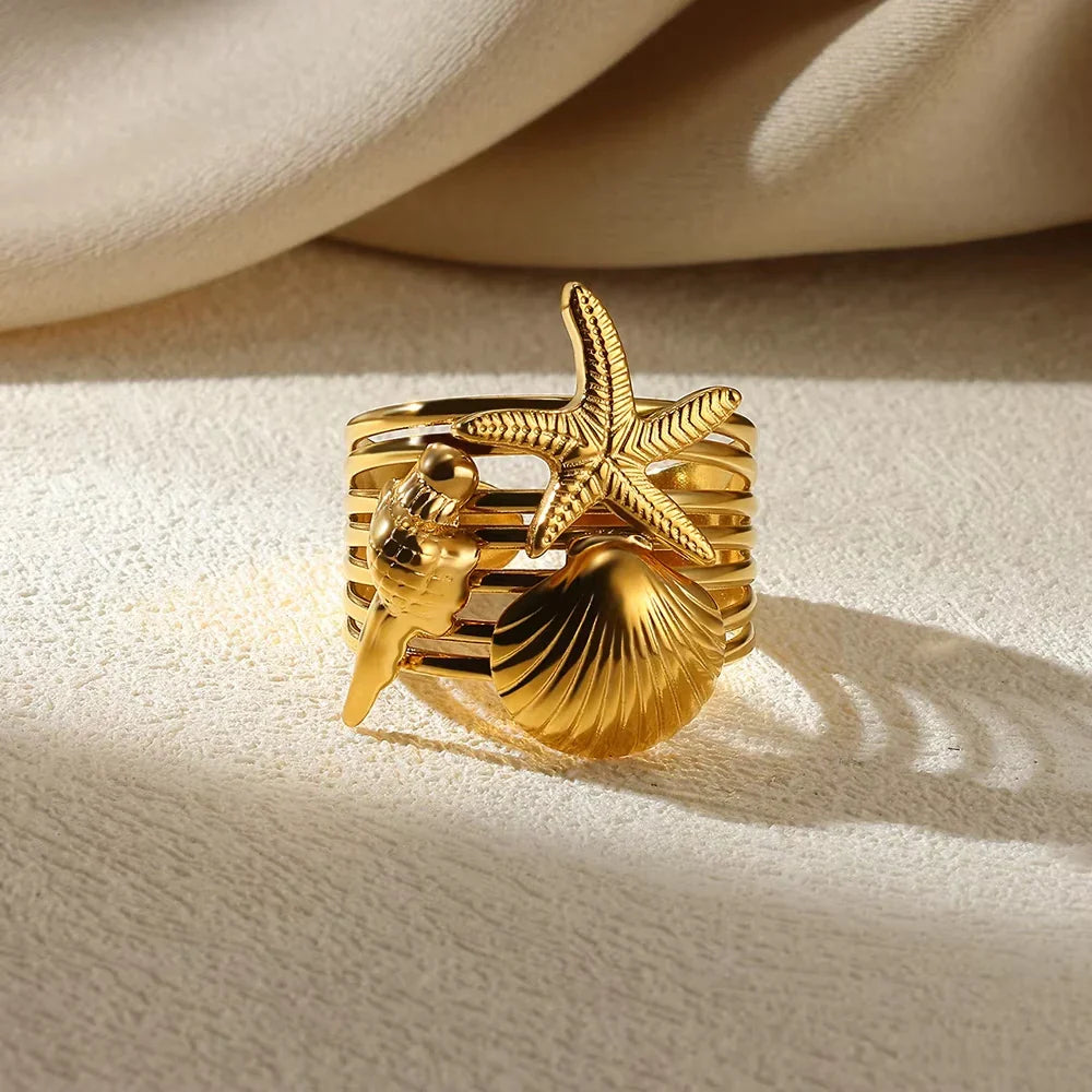 316L Stainless Steel Starfish Shell Rings for Women Gold Color Open Finger Ring Femme Trendy Summer Vacation Ocean Jewelry Gift Vera Lux