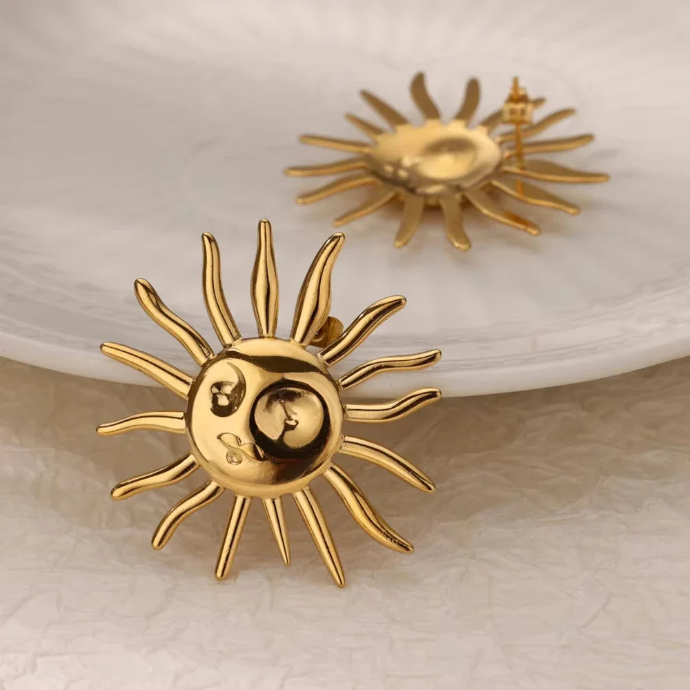 Punk Sun Face Stud Stainless Steel Earrings For Women Gold Color Star Piercing Ear Accessories Femme Gothic Jewelry Party Gift Vera Lux