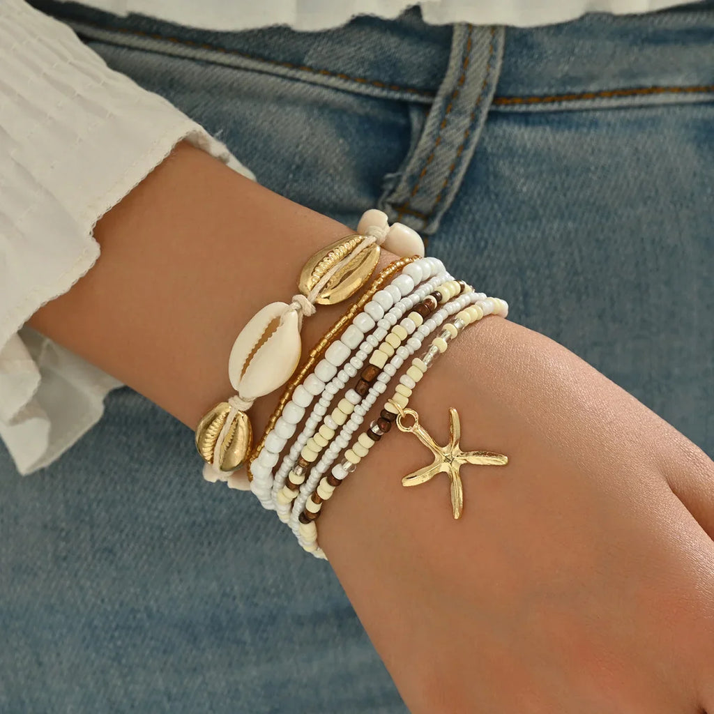 7pcs/set Bohemian Holiday Wind Shell Beaded Woven Bracelet Starfish Rice Beads Women's Bracelet Set Beach Party Seaside Holiday Vera Lux