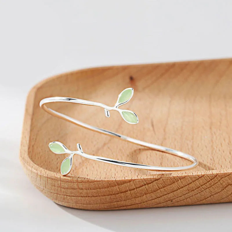 VENTFILLE 925 Stamp Silver Color Bangle for Women Green Opal Leaf Twigs Branch Jewelry Girls' Gift Dropshipping Vera Lux