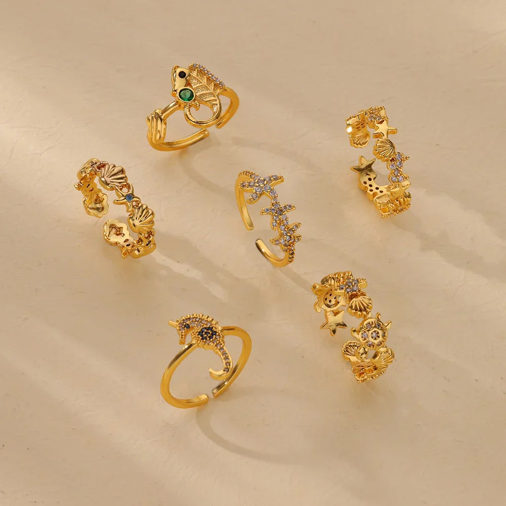 Green Zircon Seahorse Rings For Women Ocean Shell Starfish Turtle Stainless Steel Gold Color Finger Ring Summer Beach Jewelry Vera Lux