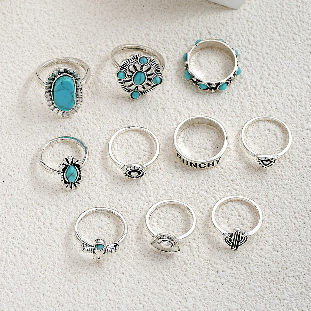 10pcs Trendy Western Style Rings Set for Women Men Vintage Turquoise Bull Head Lotus Sun Design Ring Daily Outfits Jewelry Gifts Vera Lux