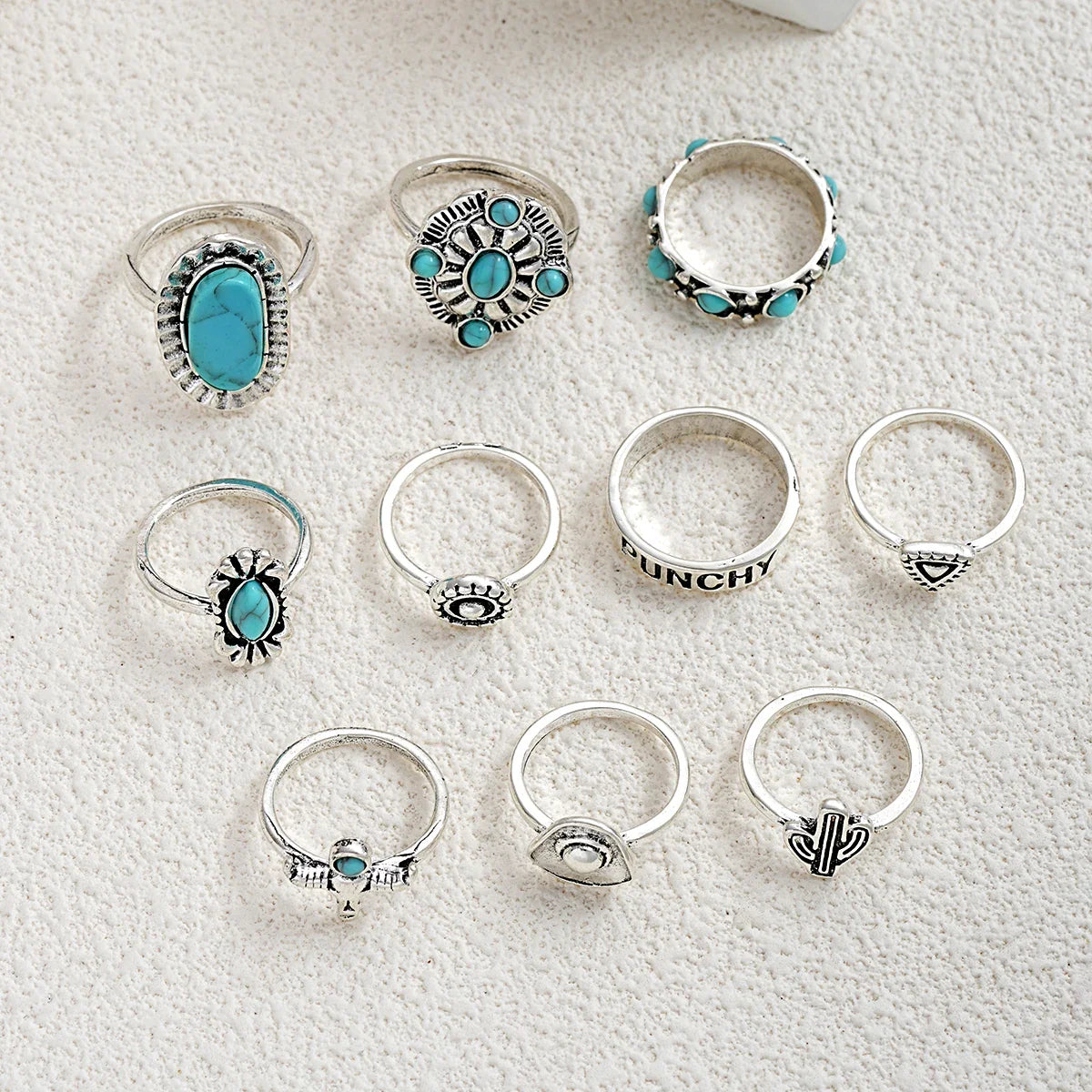 10pcs Trendy Western Style Rings Set for Women Men Vintage Turquoise Bull Head Lotus Sun Design Ring Daily Outfits Jewelry Gifts Vera Lux