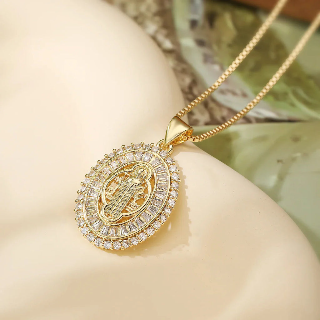 NEWBUY 2025 New Arrival Classic Design Gold Color Virgin Mary Pendant Necklace For Women Shiny CZ Zircon Copper Jewelry Vera Lux