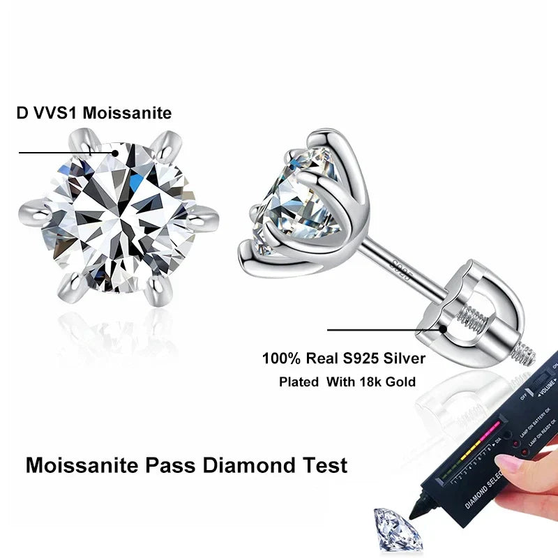 NeeTim 1ct 2ct Moissanite Screw Earrings for Women 925 Sterling Silver with Gold Plated Diamond Wedding Party Girl Stud Earrings Vera Lux