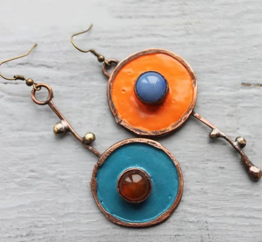 Bronze Metal Painting Pendant Earrings for Women's Ethnic Orange Blue Stone Personalized Earrings Jewelry Accessories Vera Lux