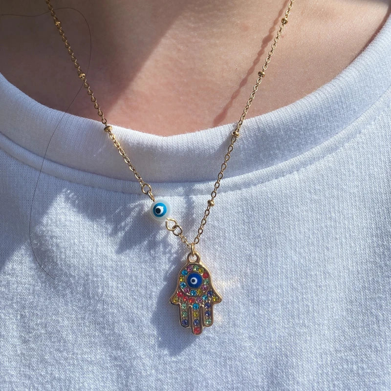 Zircon Evil Eye Pendant Necklace For Women Stainless Steel Turkish Eye Fatima Hand Chain Choker Collar Goth Jewelry onlyfans Vera Lux