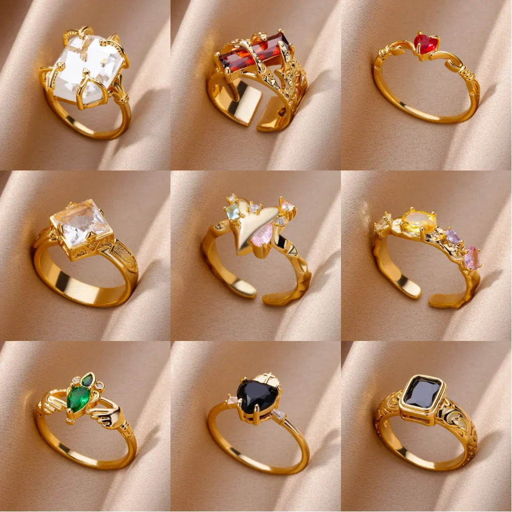 Luxury Zircon Heart Rings For Women Gold Color Open Stainless Steel Crystal Geometry Finger Ring Jewelry Wedding Gift anillos Vera Lux