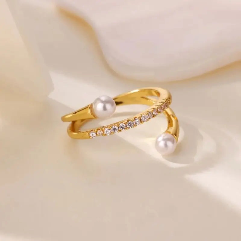 Layered Zircon Imitation Pearl Ring For Women Stainless Steel Gold Color Ring 2025 New Trend Fashion Wedding Couple Jewelry Gift Vera Lux