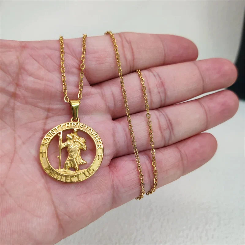 Hot Sale Religious 18K Gold Plated St.Christopher Necklace Stainless Steel Pendant Necklace For Men Women Jewelry Gift Vera Lux