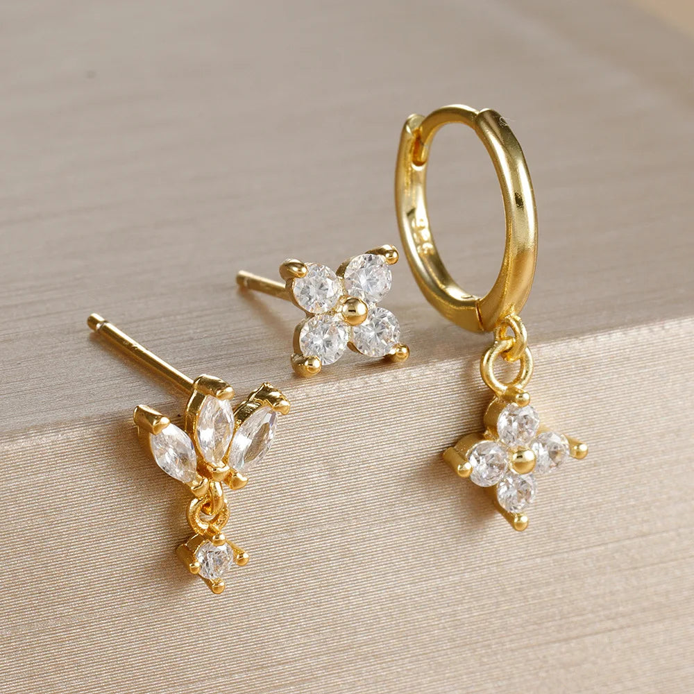 3PCS Fashion Orange Blue Zircon Hanging Earrings Set for Women Stainless Steel Flower Dangle Earring Piercing Jewelry Vera Lux