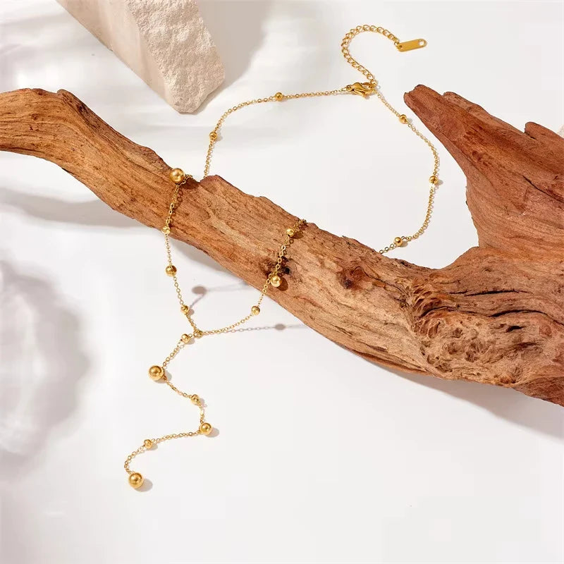 316L Stainless Steel Gold Color Beads Long Pendant Necklace For Women Fashion Choker Clavicle Chain Jewelry Gift Wedding Vera Lux
