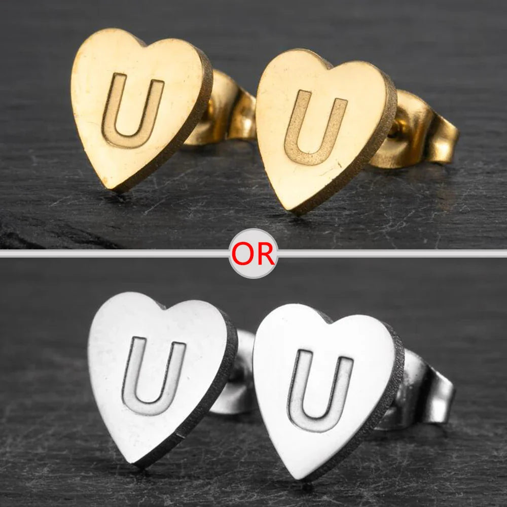 100% Stainless Steel A-Z Initial Earrings for Women Girls Personalize Letter Name Heart Stud Earring Family Jewelry Best Gifts Vera Lux