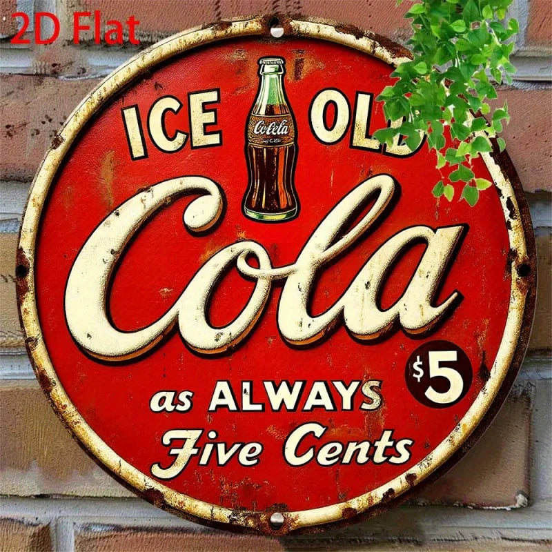 2D FLAT Vintage Cola Metal Sign - 8x8 Inch Round Aluminum Wall Art, Retro Ice-Cola Design, Rustic Decor for Home, Kitchen, Bar Perfecsy