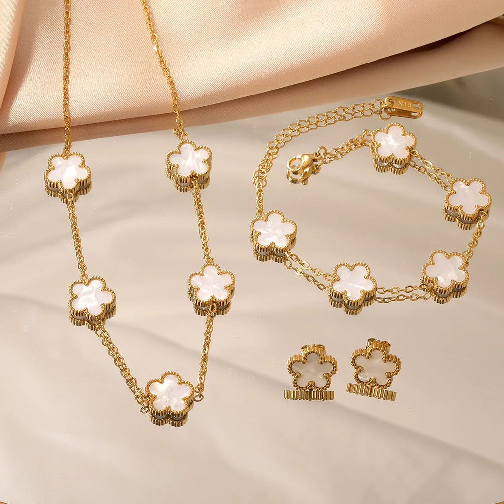 LUXUKISSKIDS Fashion Flower Necklace Earrings Set Jewelry Women Stainless Steel White Shell Clover Bracelet Jewelry Accessories Vera Lux