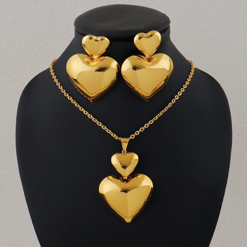 Gold Color Heart Shape Metal Pendant Earrings Sets 24K Gold Plated Simple Fashion Love Collarbone Chain Exquisite Holiday Gifts Vera Lux