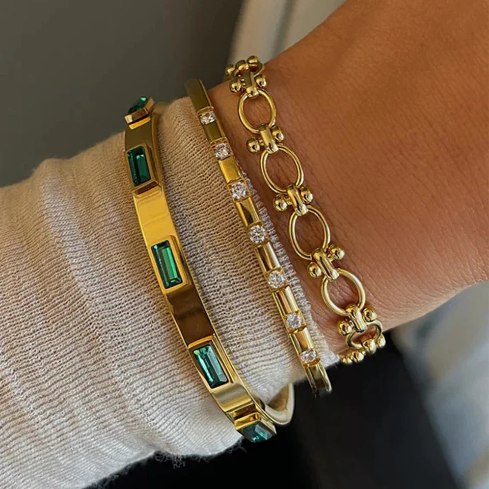 Yupsk 3Pcs Gold Color Stainless Steel Stacked Bangle Bracelets for Women Exquisite Inlaid Zircon Waterproof Party Jewelry Vera Lux