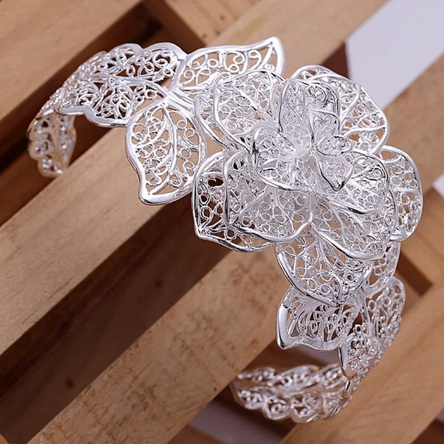 925 Sterling Silver jewelry bangle Hot engagement  exquisite retro charm hollow big women lady flowers openings bracelet Vera Lux