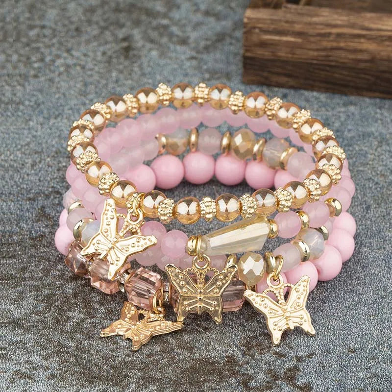 4Pcs Trendy Butterfly Beaded Bracelet Set For Women Pink Acrylic Beads Elastic Chain Bangle Female Bohemian Party Jewelry Gift Vera Lux