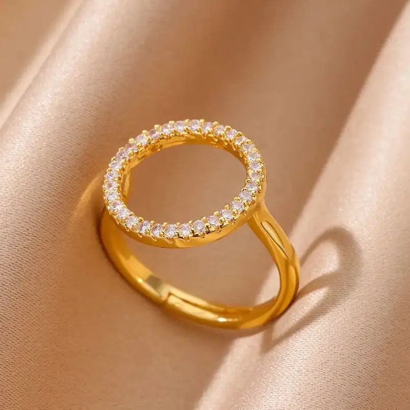 Fashion Zircon Hollow Round Rings for Women Stainless Steel Gold Color Adjustable Wedding Ring Aesthetic Jewelry Gift anillos Vera Lux