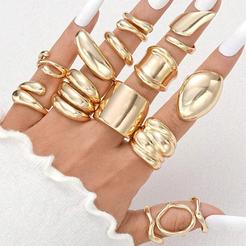 14Pcs/Set Vintage Smooth Open Rings Set for Women Geometric Creative Irregular Gold Color Finger Rings Trendy Daily Jewelry Gift Vera Lux
