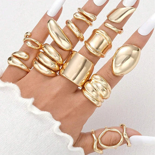 14Pcs/Set Vintage Smooth Open Rings Set for Women Geometric Creative Irregular Gold Color Finger Rings Trendy Daily Jewelry Gift Vera Lux