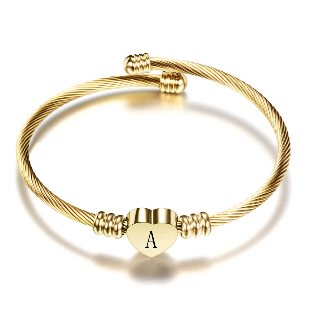 Initial Letter Stainless Steel Cuff Bracelet For Women 26 Alphabet Heart Charm Bangle Female Fashion Birthday Party Jewelry Vera Lux