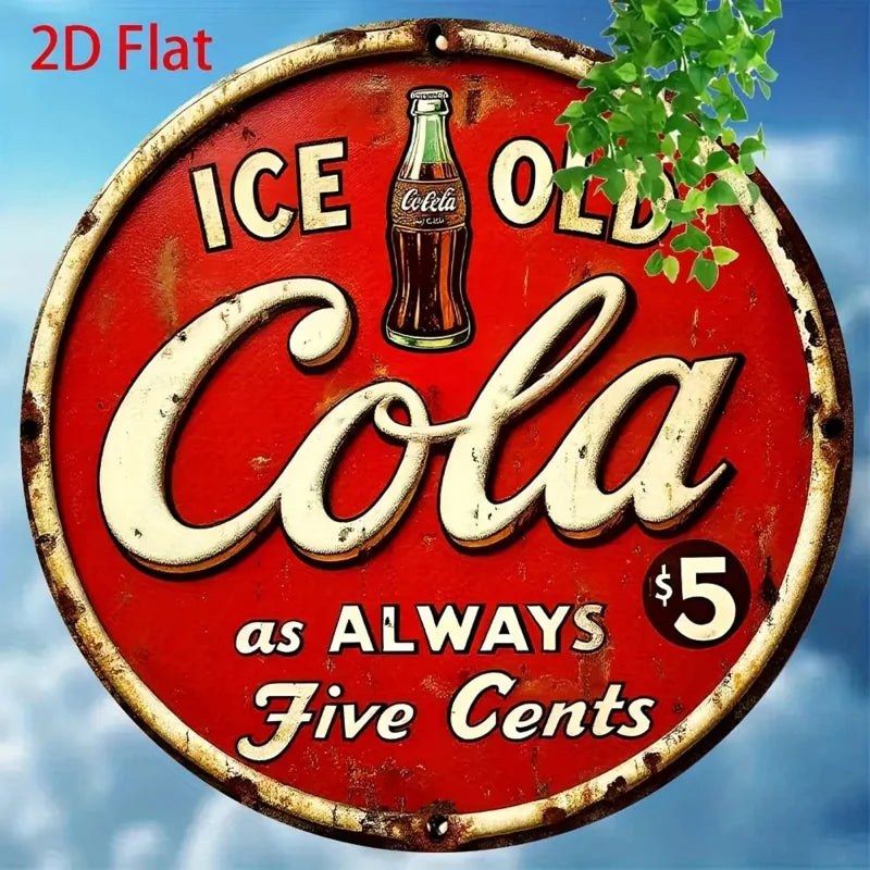 2D FLAT Vintage Cola Metal Sign - 8x8 Inch Round Aluminum Wall Art, Retro Ice-Cola Design, Rustic Decor for Home, Kitchen, Bar Perfecsy
