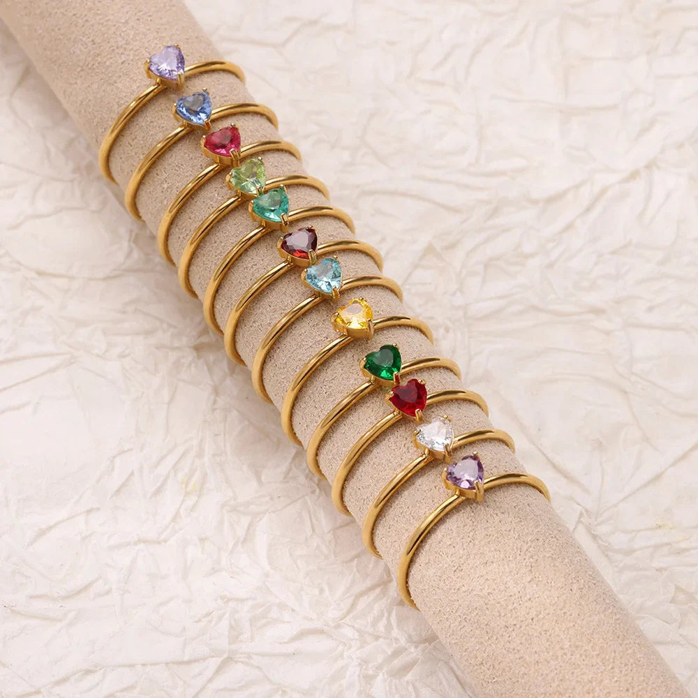 Stainless Steel Birthstone Open Rings for Women Fashion 12-color Crystal Zircon Heart Ring Birthday Aesthetic Jewelry Gift Vera Lux