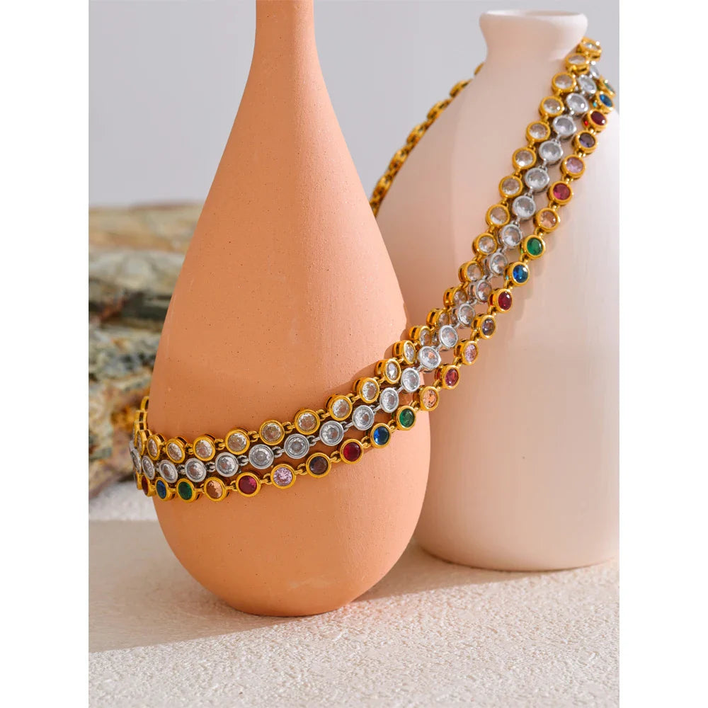 Yhpup Exquisite Colorful Cubic Zirconia Luxury Cast Chain Necklace Bracelet for Women Stainless Steel Waterproof Jewelry Gift Vera Lux