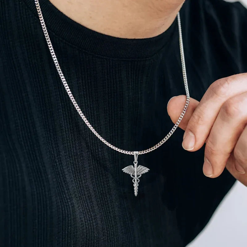 18K Gold Plated Stainless Steel Angel Wing Serpent Necklace - Greek Caduceus Pendant, Doctor/Nurse Charm Jewelry Vera Lux
