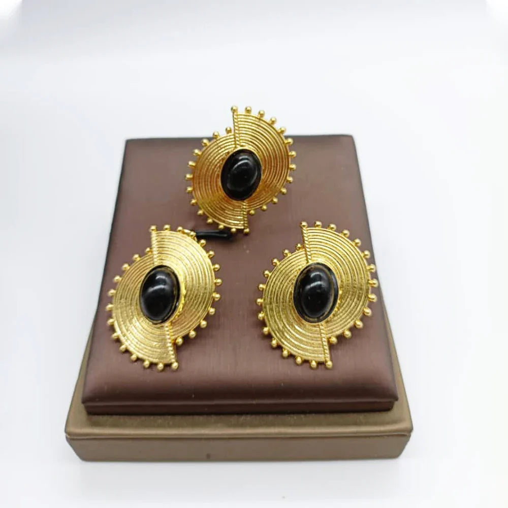 African Jewelry Set for Women Spiral Shape New Fashion Purpuse Stone Earrings Finger Ring Dubai Indian Luxury Gold Color Jewelry Vera Lux