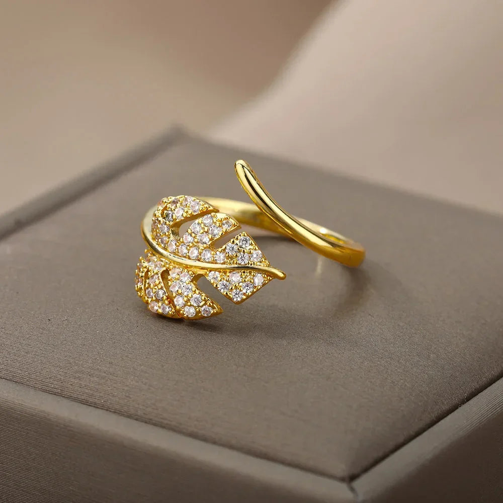 Fashion Palm Leaf Shape Open Rings For Women Gold Color Zircon Adjustable Finger Ring Girls Korean Party Jewelry Gift Vera Lux