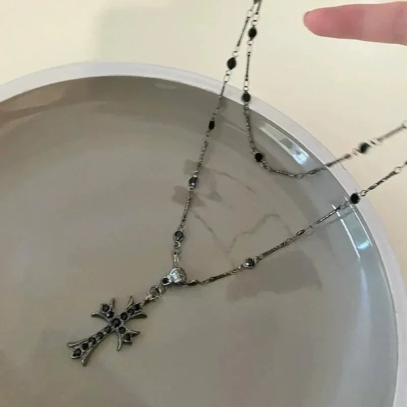 Summer Black Rhinestone Cross Jesus Pendant Choker Necklace for Women Punk Vintage Double Layers Chain 2024 Neck Boho Jewelry Femstylo