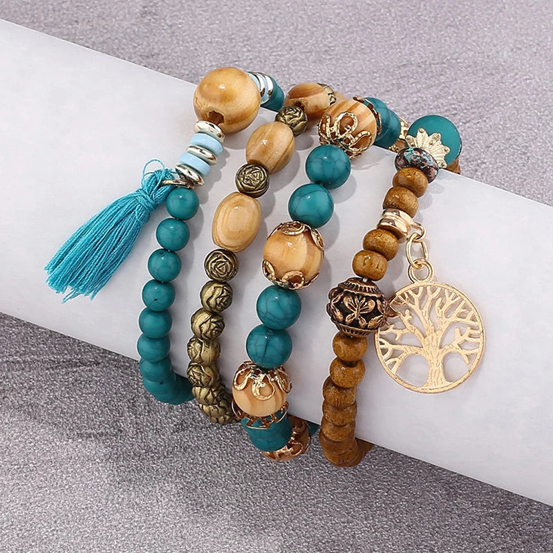 Boho Tree Of Life Bracelet Set For Women Fashion Tassels Charm Wooden Beads Elastic Chain Bangle Girl Trendy Party Jewelry Vera Lux