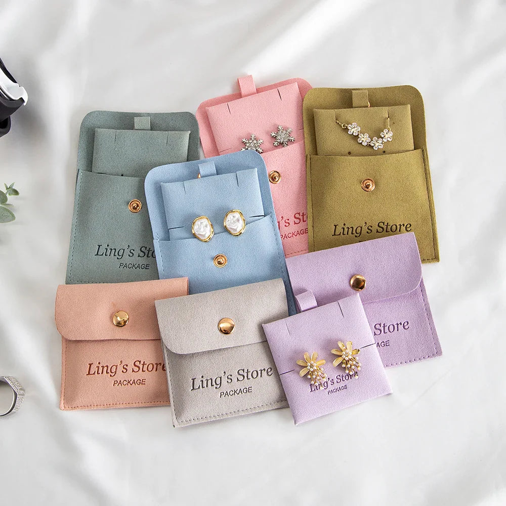 20/50/100Sets Personalized Logo Jewelry Microfiber Snap Bag 8x8cm Button Pouch Insert Luxury 6x6cm Cards Can Debossed Print Name Vera Lux