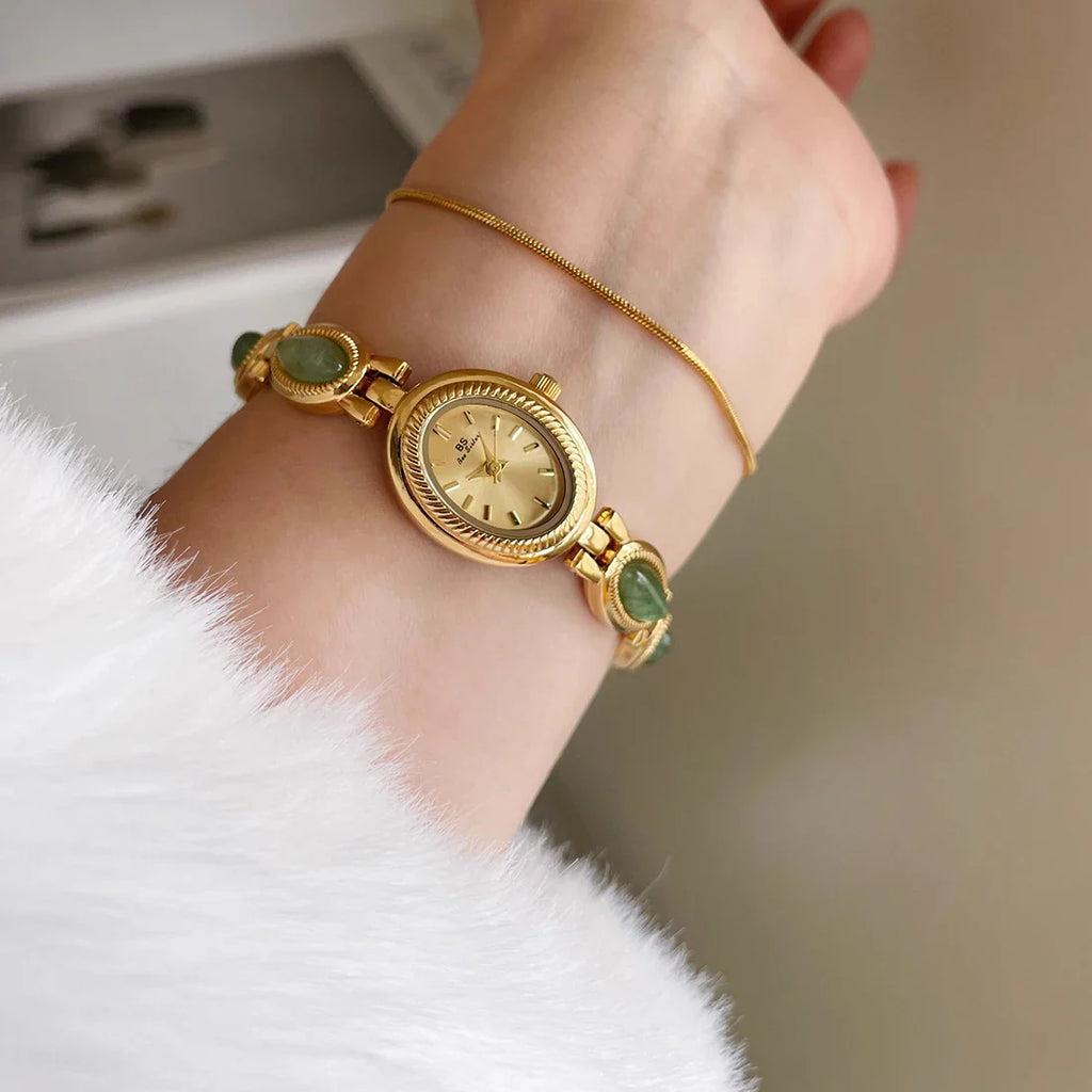 Natural Jade Bracelet Watch Gift Women,Ladies Watches Luxury High Quality Gold Quartz Watches, Elegant Women's Wristwatches Vera Lux