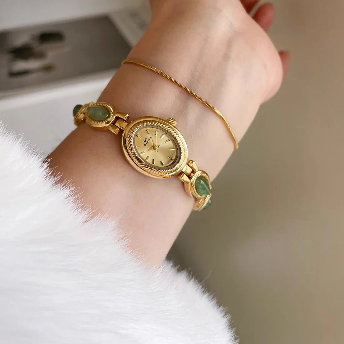 Natural Jade Bracelet Watch Gift Women,Ladies Watches Luxury High Quality Gold Quartz Watches, Elegant Women's Wristwatches Vera Lux
