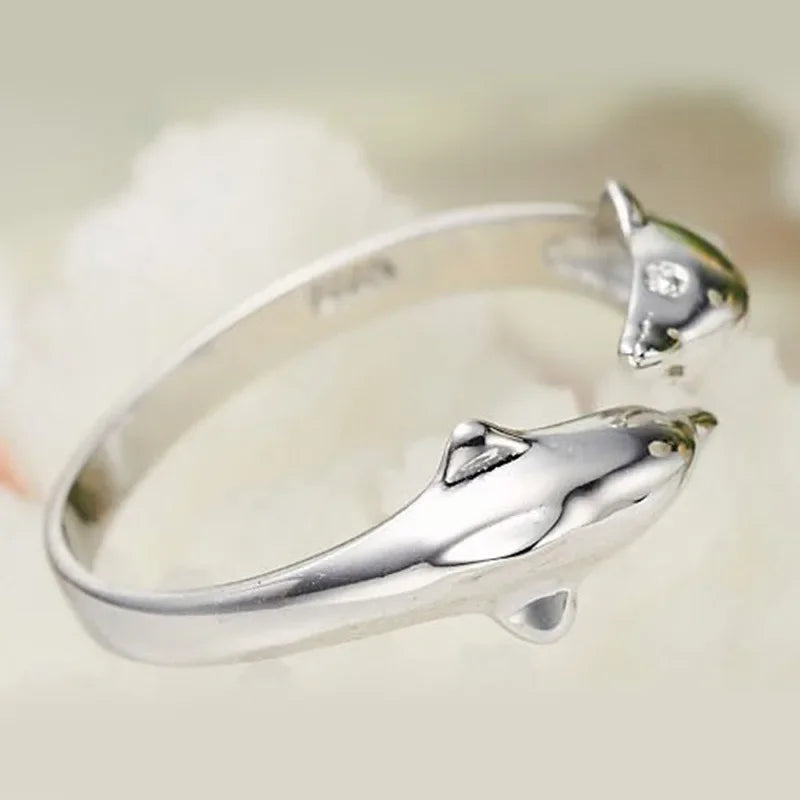 925 Sterling Silver Jewelry Open Happy Double Dolphin Love Rings For Women Party Gift Adjustable Ring Anillos Bague Vera Lux