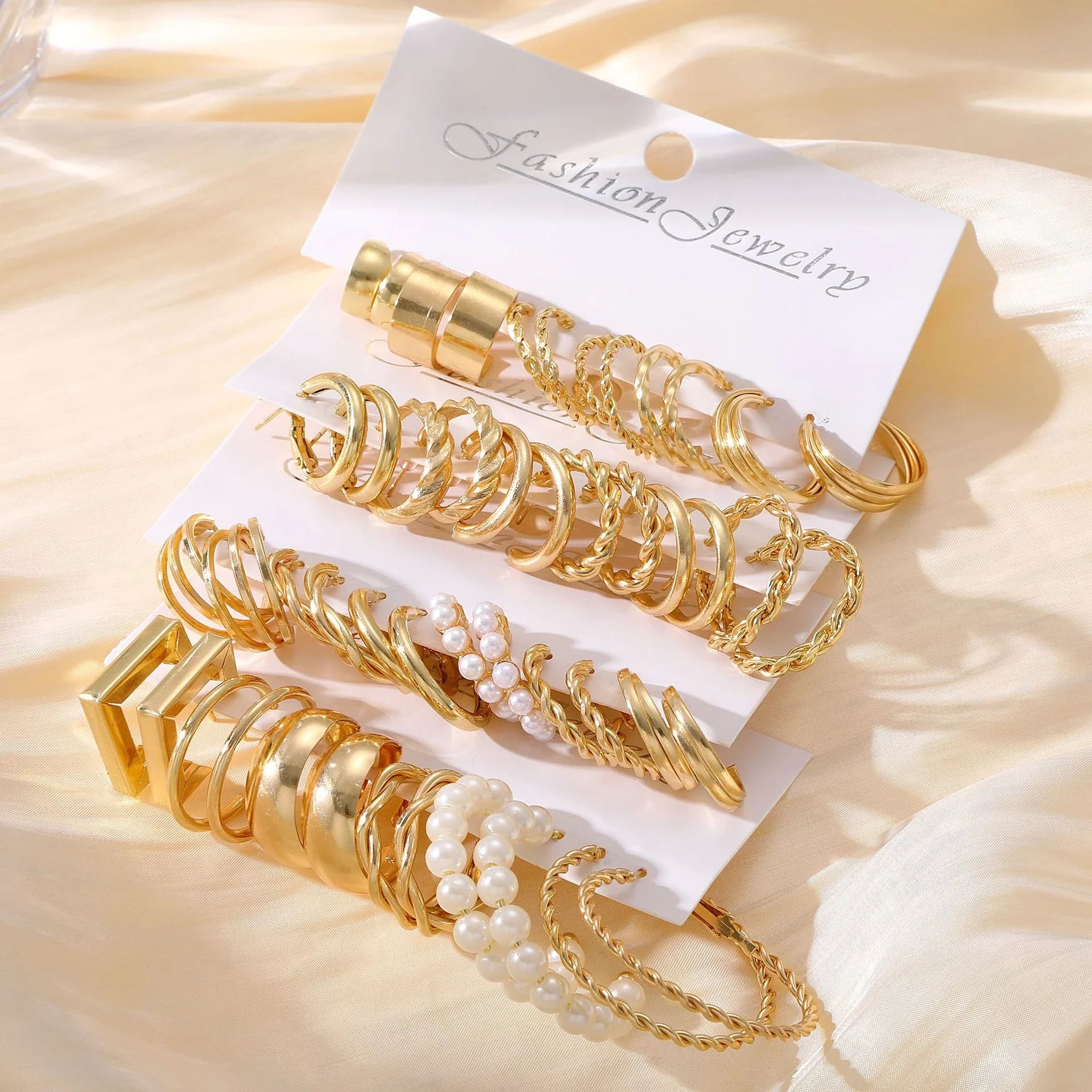 48 Pcs Boho Big Circle Hoop Earring Sets for Women Gold Color Bohemia Vintage Pearl Earring Heart Zircon Ear Studs Jewelry Gifts Vera Lux