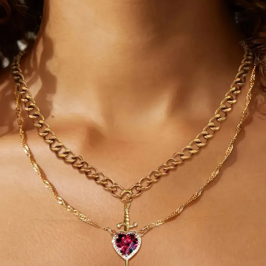 LATS 2pcs Can Be Assembled Heart and Sword Zircon Pendant Necklace for Women Men Couple Silver Gold Plated Choker Chain Jewelry Vera Lux