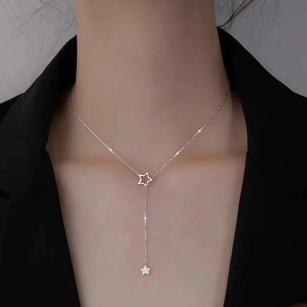 Christmas Gift 925 Sterling Silver Cute Shiny Star Choker Drop Charm Necklaces Charming Woman Wedding Party Birthday Jewelry Vera Lux