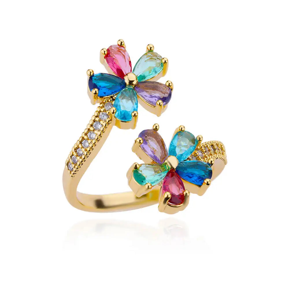 Colored Zircon Double Flower Rings For Women Gold Plated Stainless Steel Flower Opening Ring Wedding Aesthetic Jewelry Gift 2023 Vera Lux