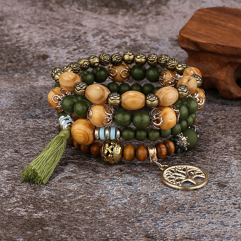 4Pcs Bohemia Tree Of Life Charm Beaded Bracelet Set For Women Handmade Wood Beads Chain Bangle Female Boho Jewelry Vera Lux