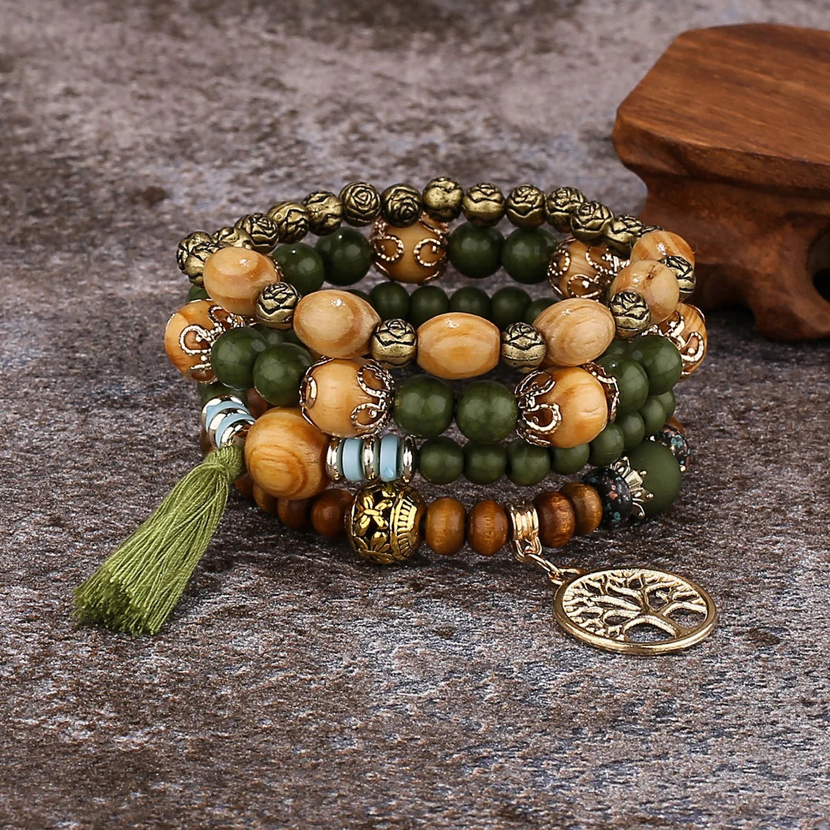 4Pcs Bohemia Tree Of Life Charm Beaded Bracelet Set For Women Handmade Wood Beads Chain Bangle Female Boho Jewelry Vera Lux