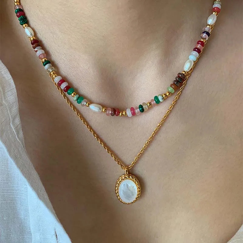Fashion Colorful Beads Stone Natural Freshwater Pearl Necklaces For Women Retro Gold Color Clavicle Chain Necklace Jewelry Gifts Vera Lux