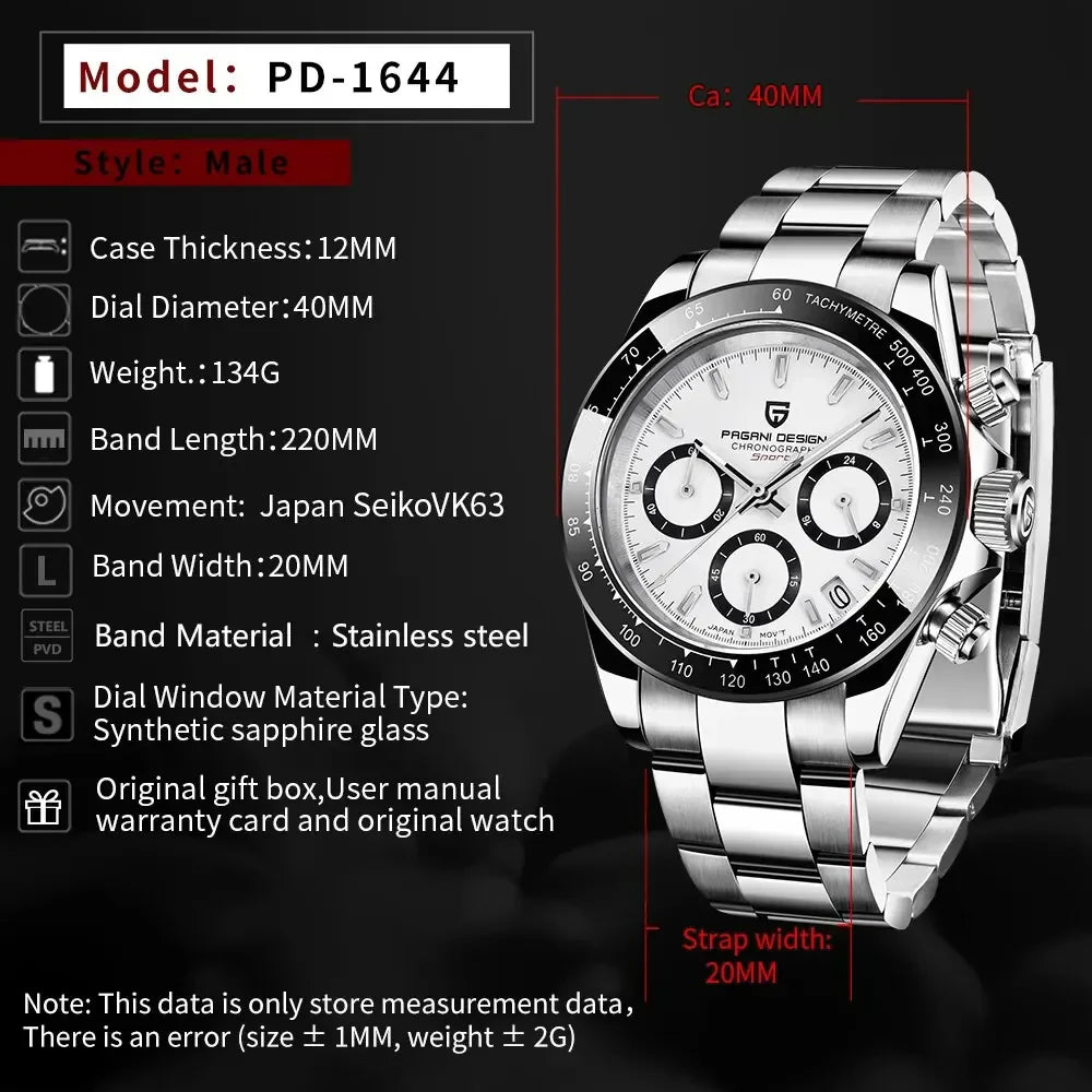PAGANI DESIGN New Ceramic Bezel Men Quartz Wristwatches Luxurys Sapphire Glass Chronograph 100m Waterproof Stainless Watches Men Vera Lux