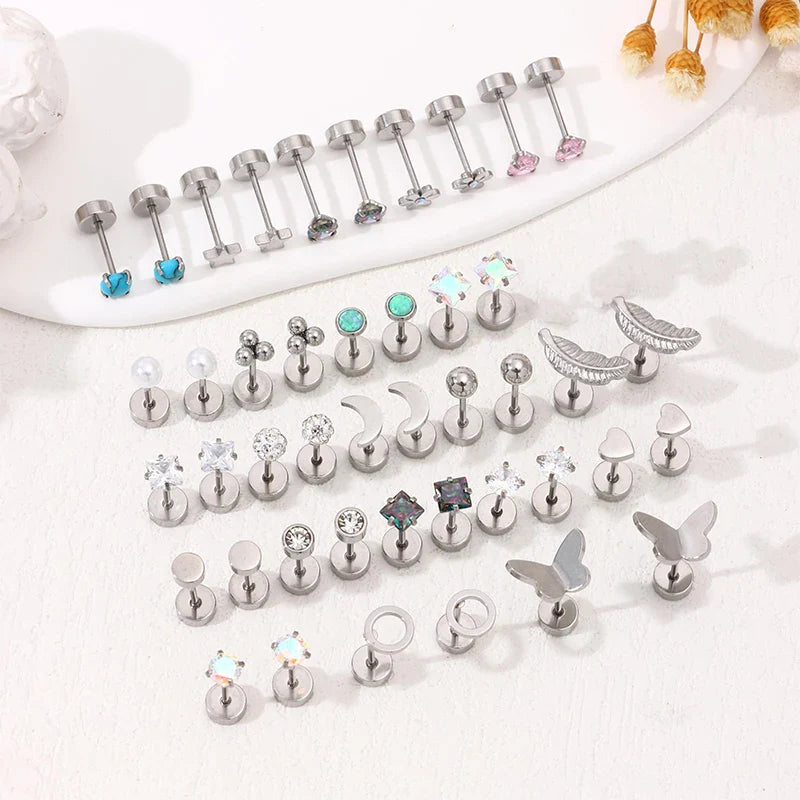 2PCS/Set Stainless Steel Heart Moon Earbone Stud Screw Ball Stud Earrings for Women Fashion Ear Tragus Cartilage Body Piercing Vera Lux