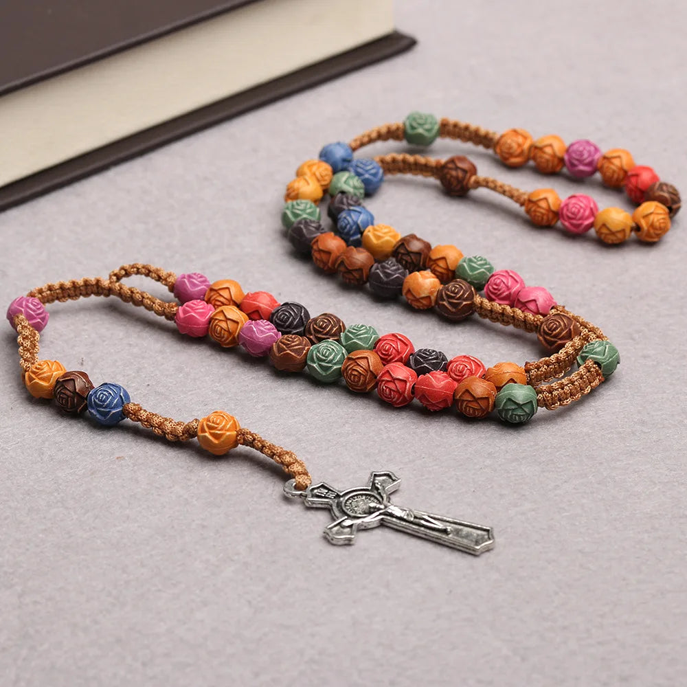 Christian Rose Beads Rosary Necklace For Women INRI Cross Crucifix Pendant Long Chain Female Fashion Religion Jewelry Gift Vera Lux