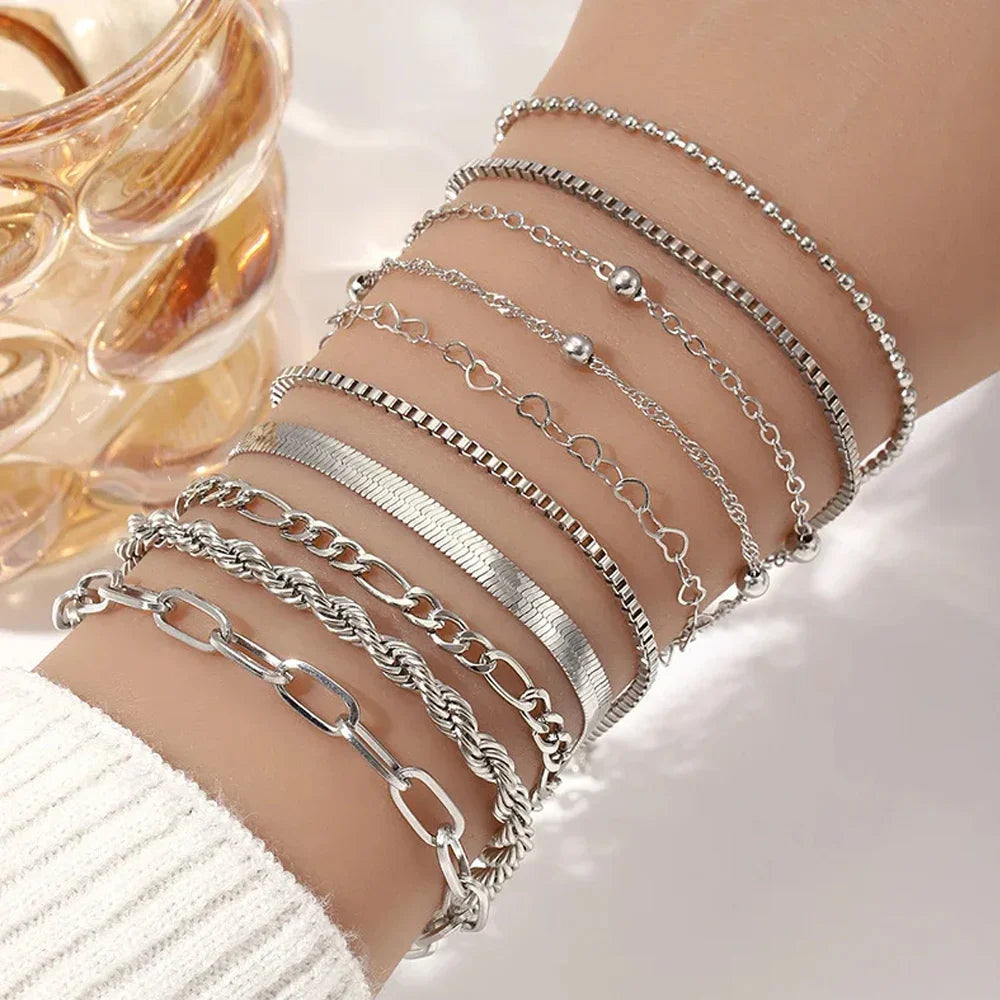10 Pcs Vintage Statement Gold Color Flat Snake Chain Box Chain Bracelet Boho Multi-layer Metal Bracelet Women's Summer Jewelry Vera Lux